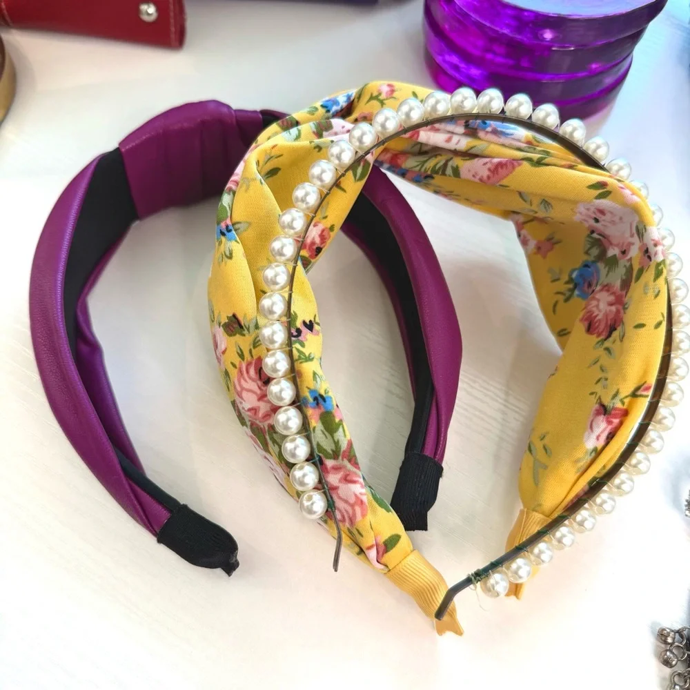 Victorian Floral Yellow, Purple & Pearl Headband Set